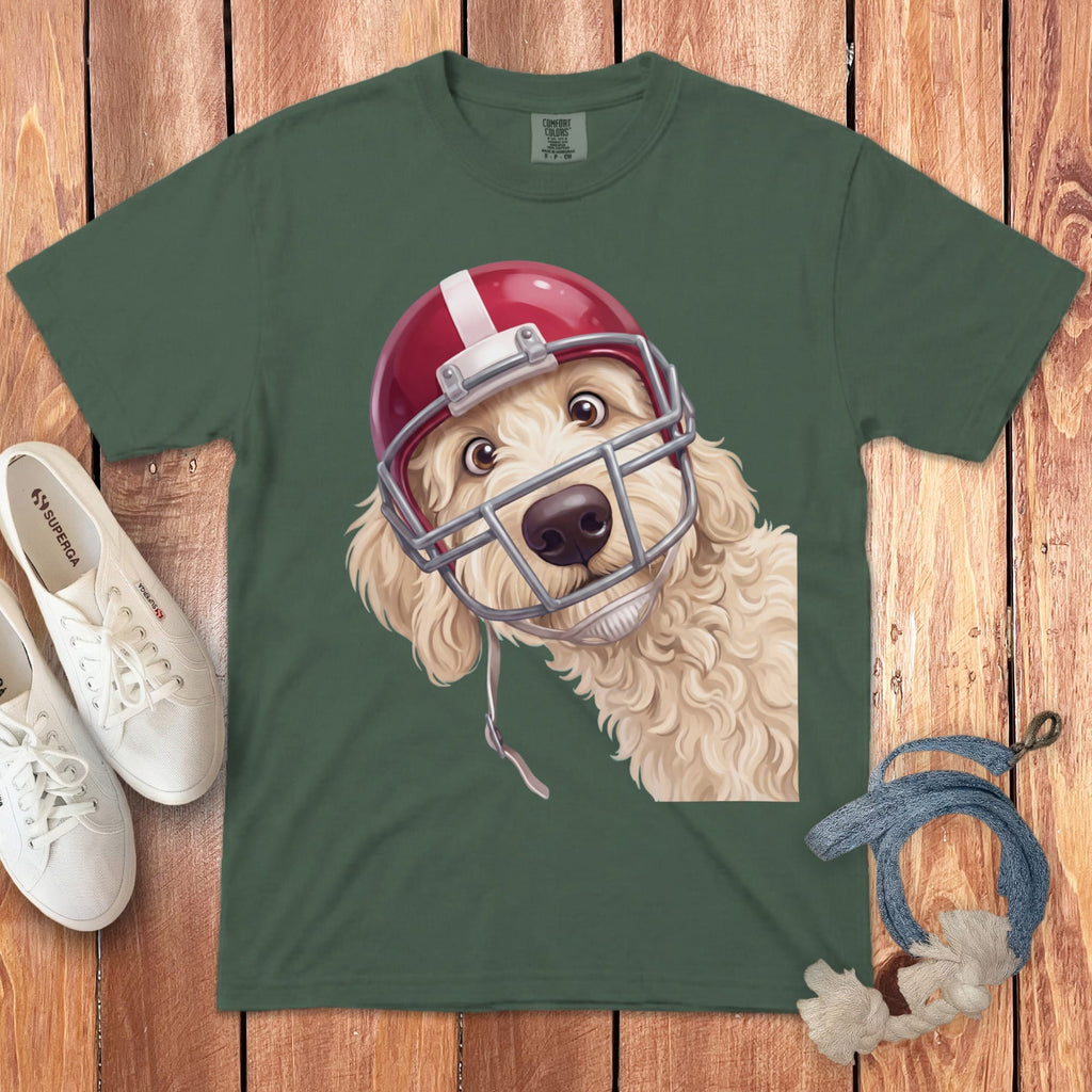 Cream Goldendoodle Football Helmet Signature T-Shirt in Blue Spruce / S by Puppy Jo