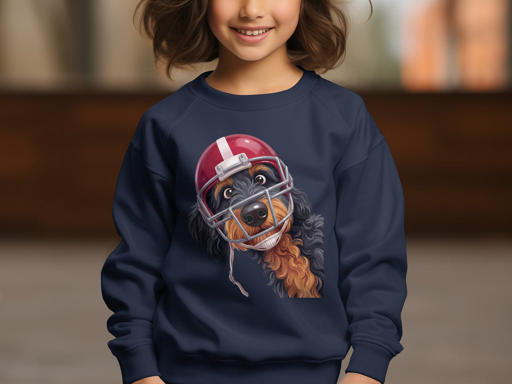 Dark blue sweatshirt with a playful illustration of a dog wearing a red football helmet.