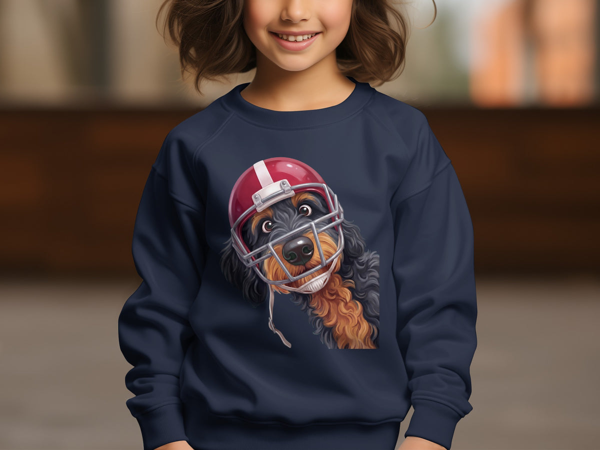 Dark blue sweatshirt with a playful illustration of a dog wearing a red football helmet.
