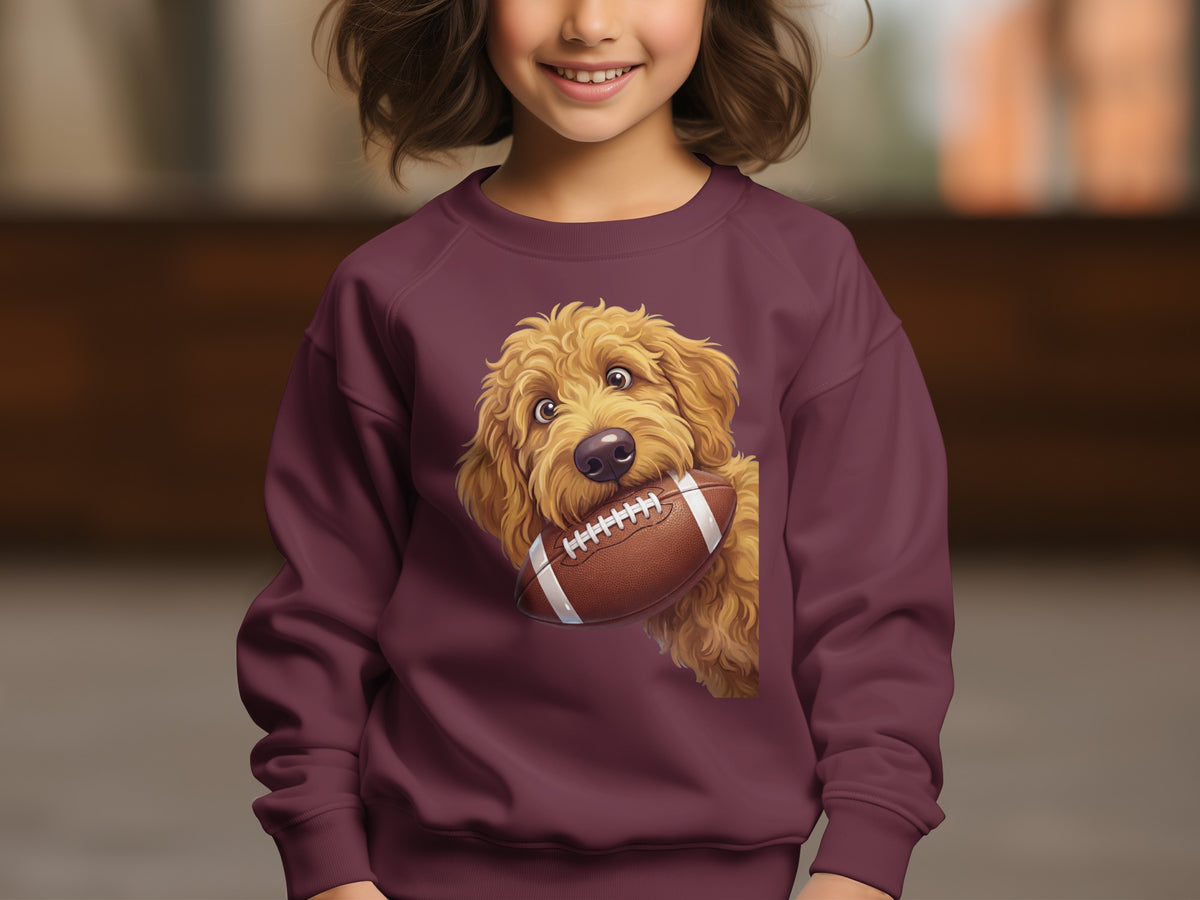 Burgundy sweatshirt on a child featuring a fluffy golden dog holding a football.