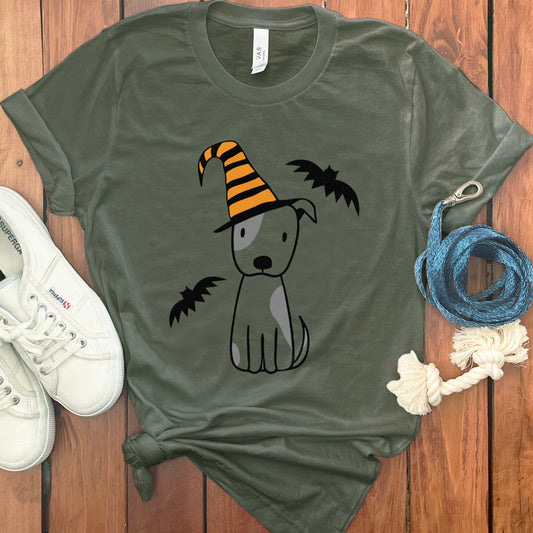 Halloween Dog Wearing Hat with Bats Design T-Shirt product type