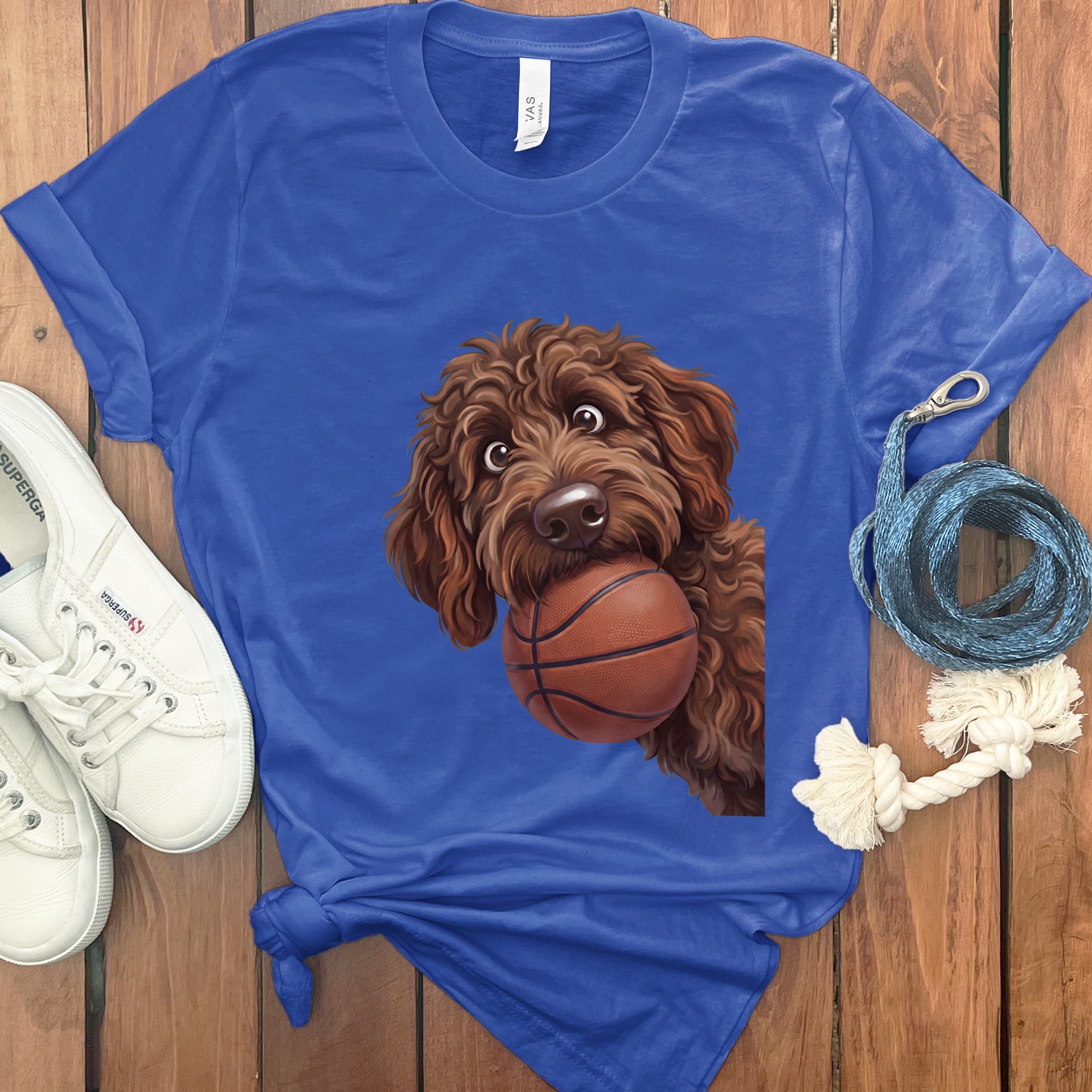 Chocolate Goldendoodle Basketball T-Shirt in True Royal / S by Puppy Jo