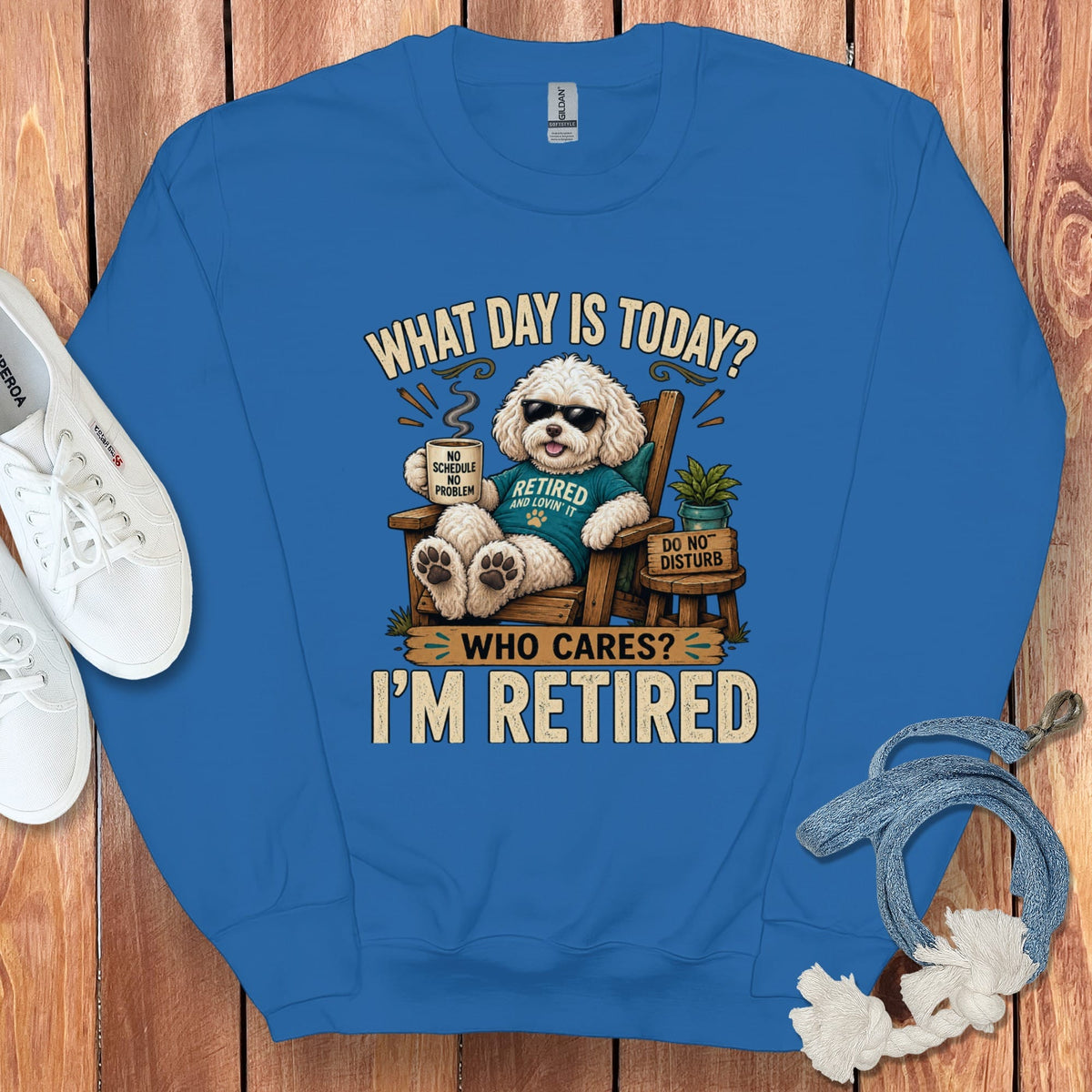 I'm Retired Maltipoo Sweatshirt in Royal / S by Puppy Jo