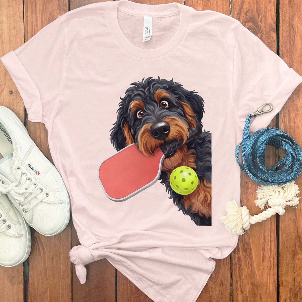 Phantom Goldendoodle Pickleball T-Shirt in Soft Pink / S by Puppy Jo