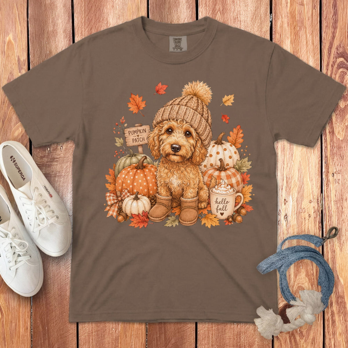 Apricot Goldendoodle Pumpkin Patch Signature T-Shirt in Espresso / S by Puppy Jo