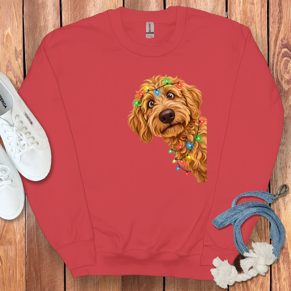 Red sweatshirt with a doodle dog wearing colorful Christmas lights graphic.