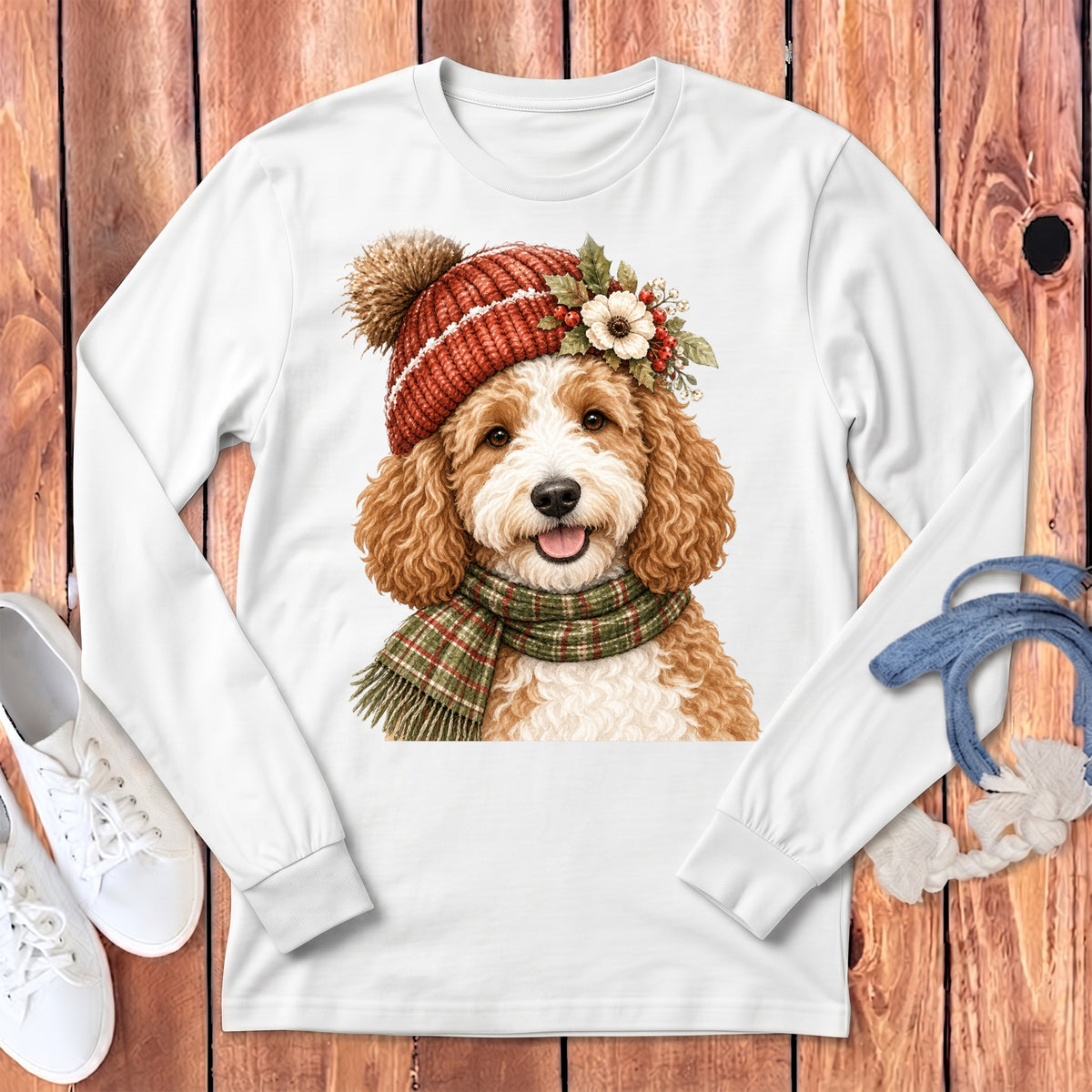 White long-sleeve shirt featuring a watercolor illustration of a happy dog wearing a knitted hat and scarf.