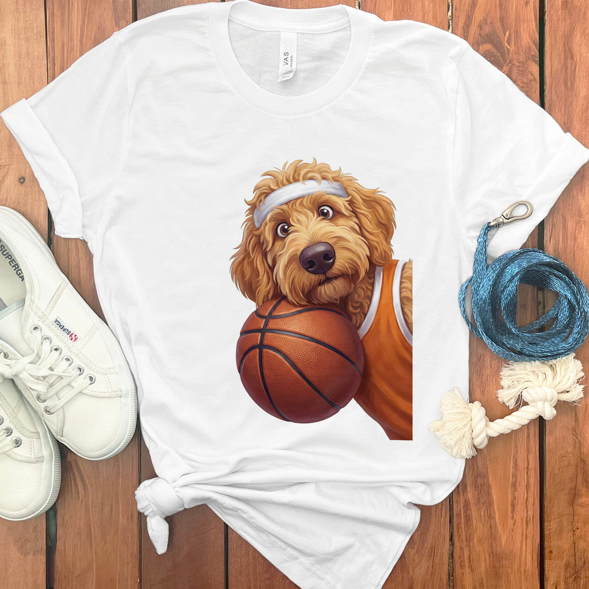 Apricot Goldendoodle Basketball Player T-Shirt in White / S by Puppy Jo