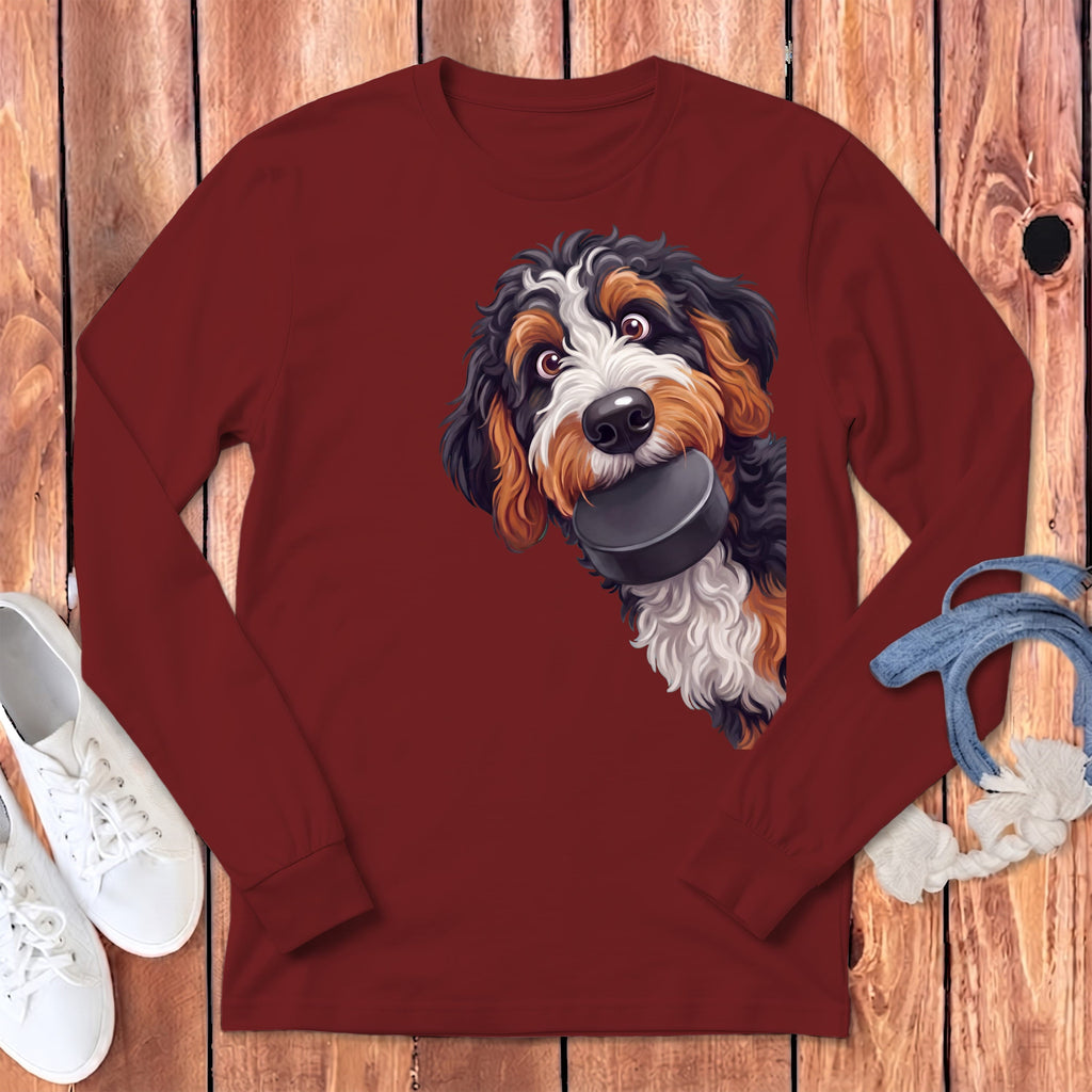 Bernedoodle Hockey Puck Long Sleeve T-Shirt in Cardinal / S by Puppy Jo