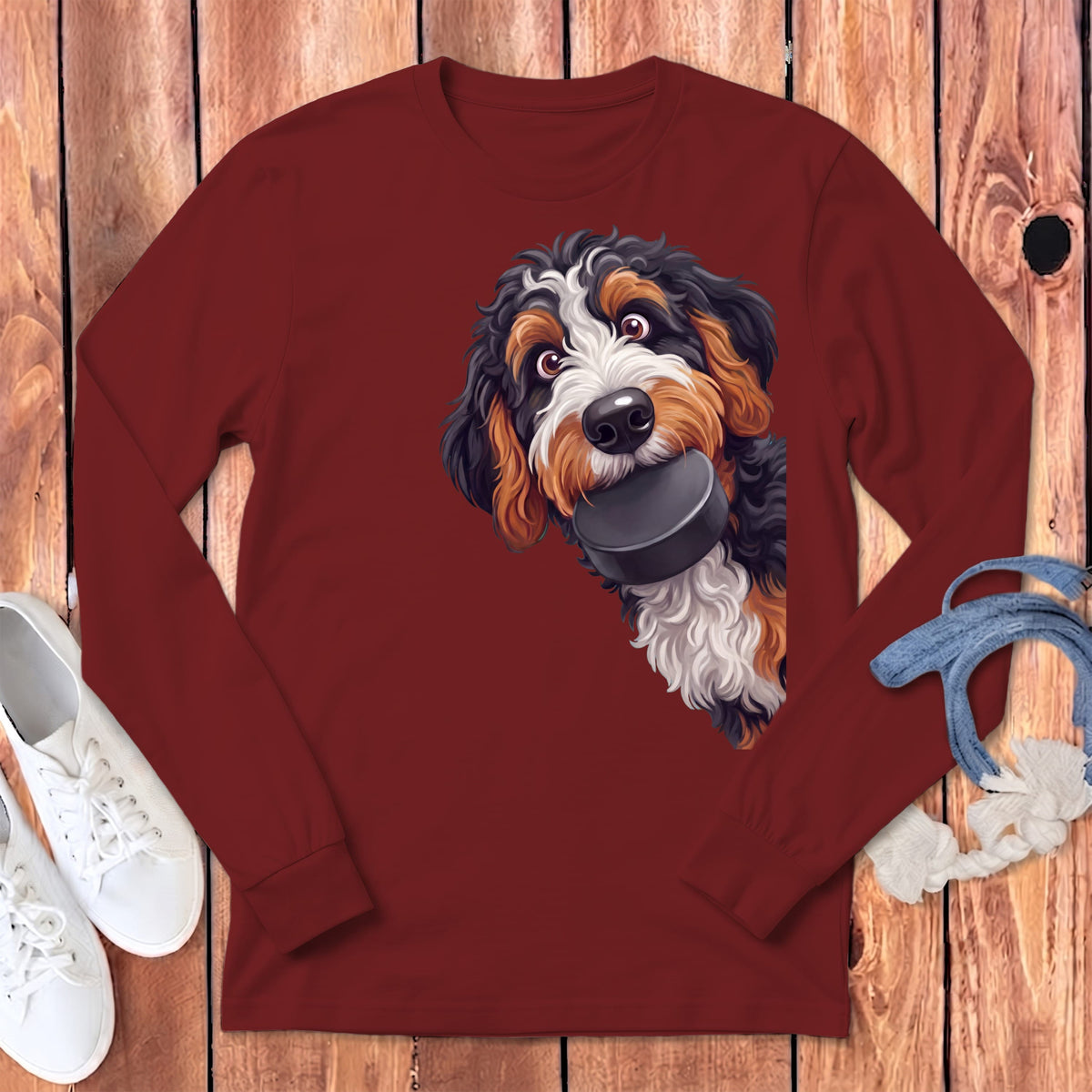 Bernedoodle Hockey Puck Long Sleeve T-Shirt in Cardinal / S by Puppy Jo