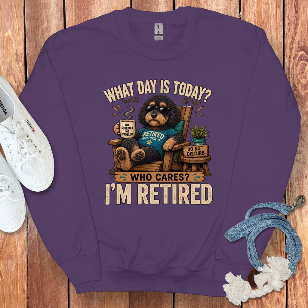 I'm Retired Phantom Goldendoodle Sweatshirt in Purple / S by Puppy Jo