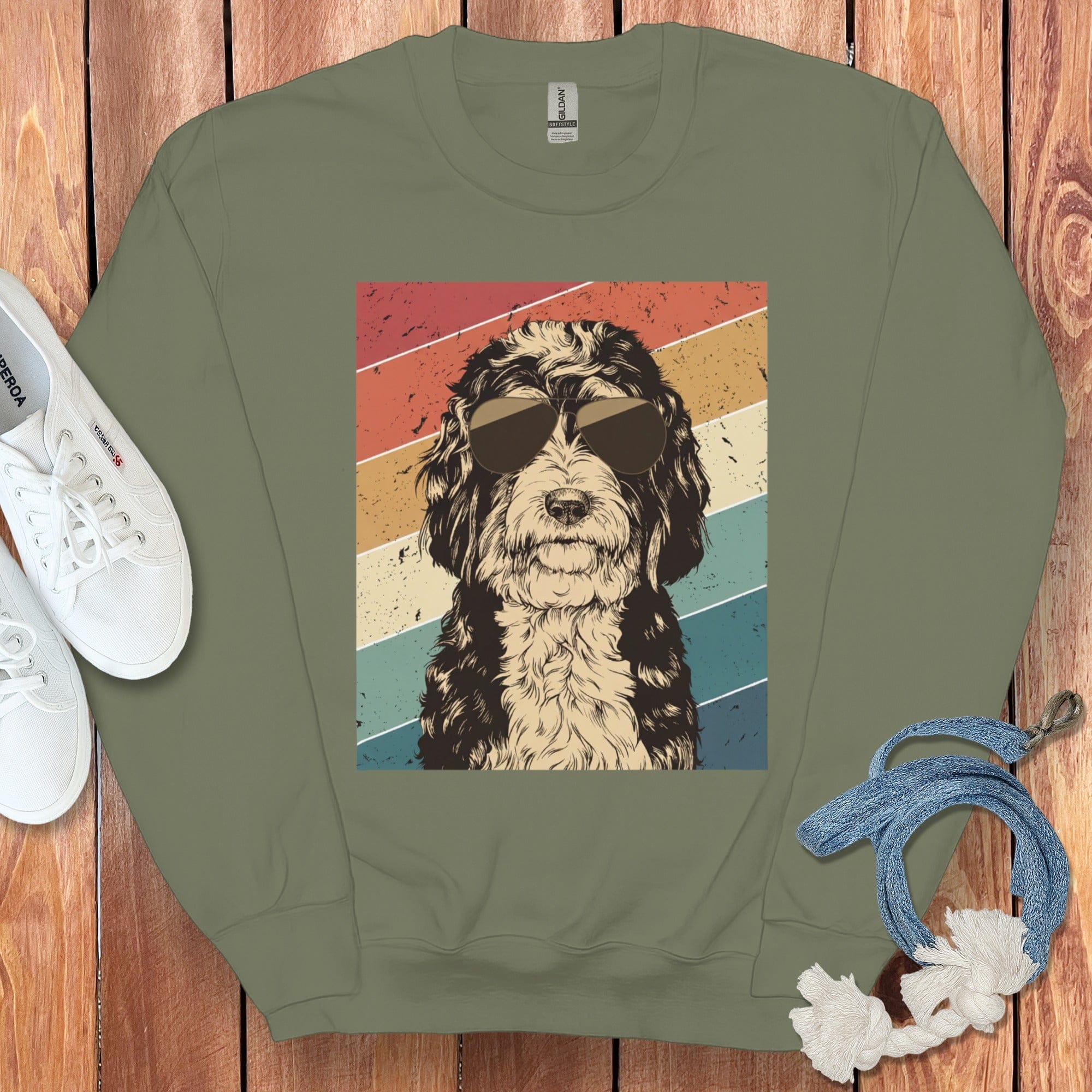 Trendy Retro Sunglasses Dog Design on Green Sweatshirt