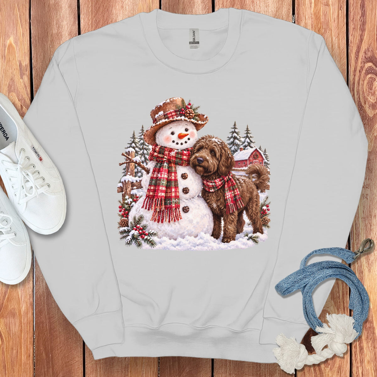 Chocolate Goldendoodle Christmas Snowman Sweatshirt in Sport Grey / S by Puppy Jo