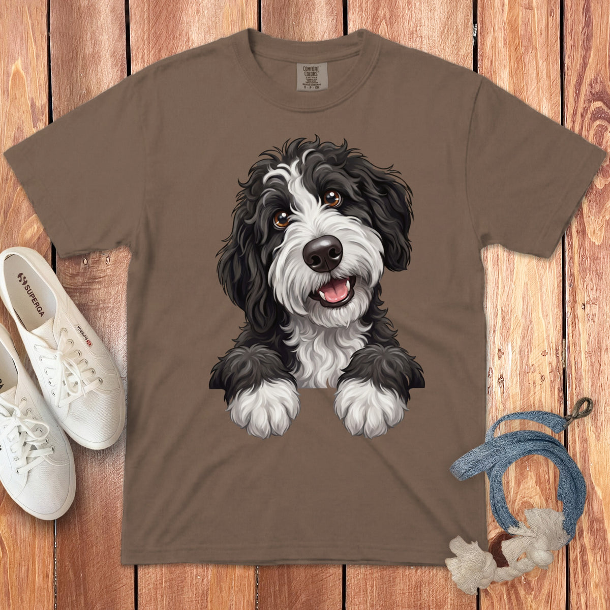 Brown t-shirt with a black and white fluffy dog illustration and Superga shoes.