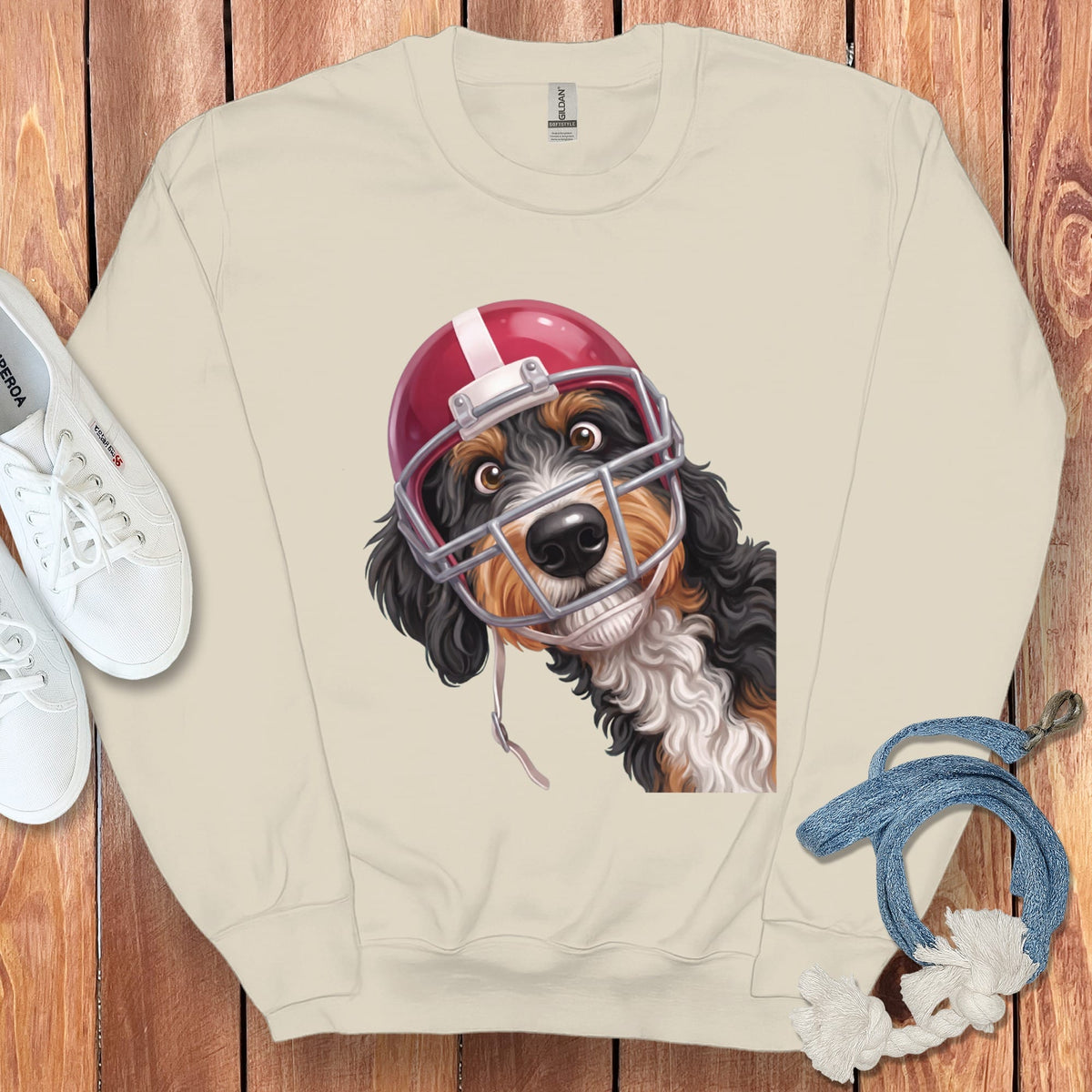 Bernedoodle Football Helmet Sweatshirt in Sand / S by Puppy Jo