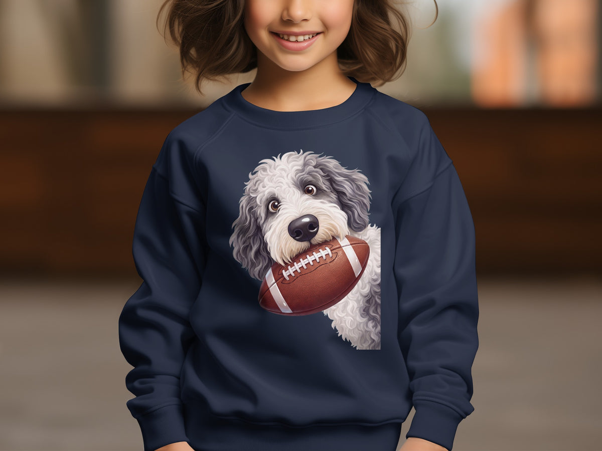 Dark blue sweatshirt with a dog holding a football graphic.