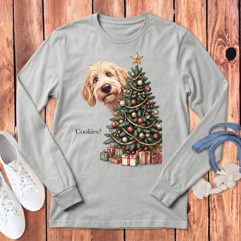 Light grey long sleeve shirt with a doodle dog peeking by a decorated Christmas tree.