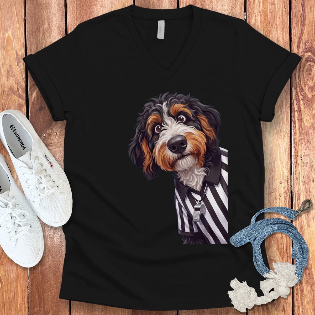 Bernedoodle Football Referee V-Neck T-Shirt in Black / S by Puppy Jo