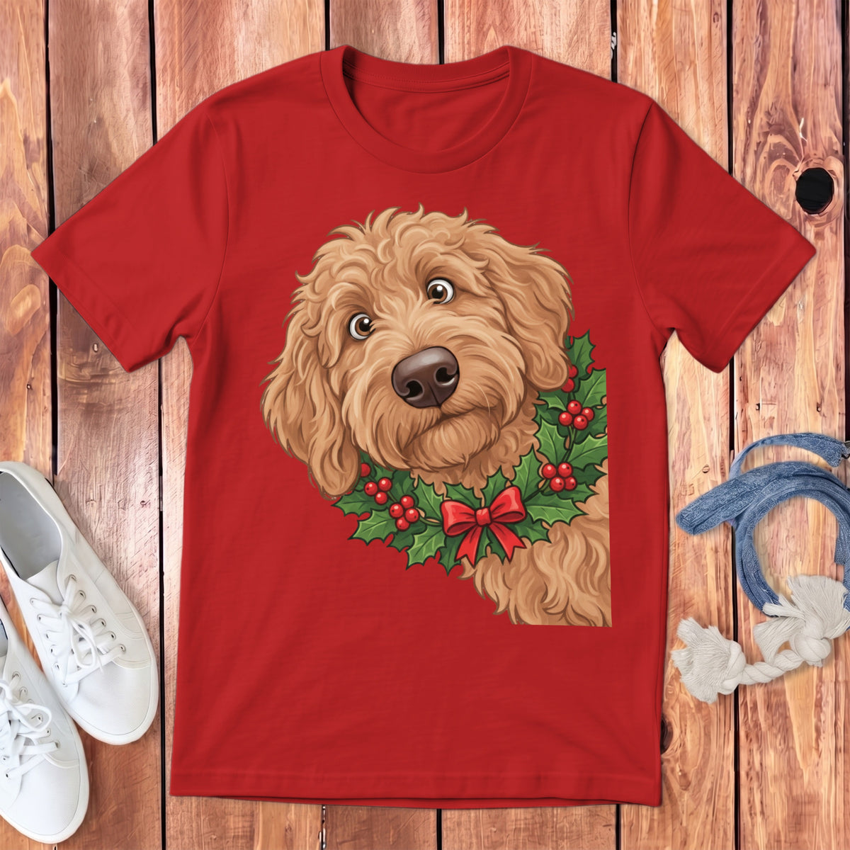 Red t-shirt with cartoon goldendoodle wearing a holly wreath and red bow.