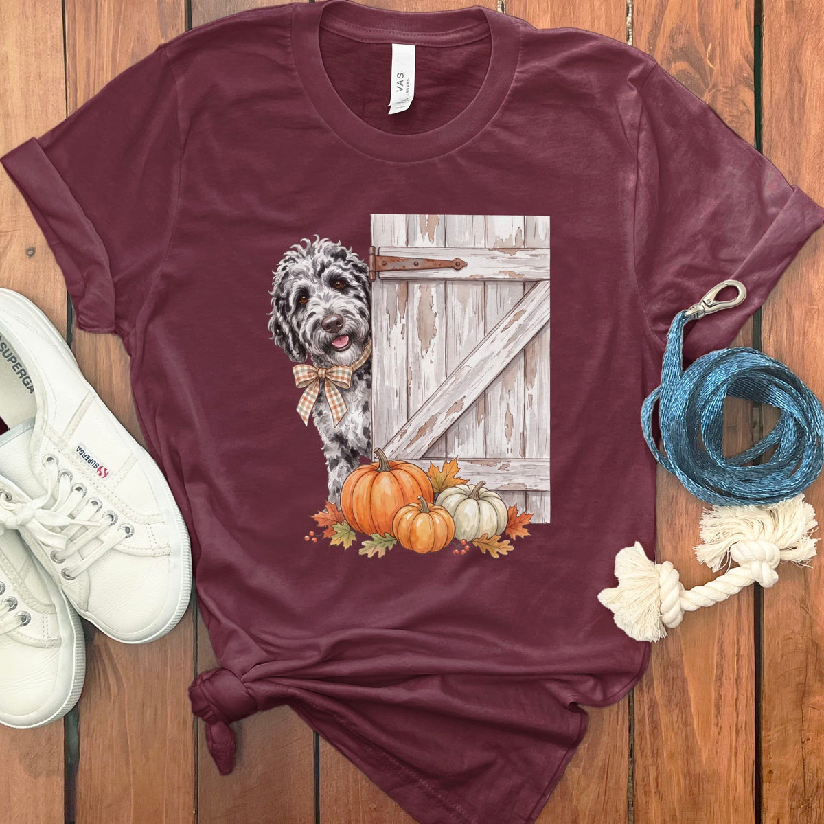 Merle Goldendoodle Barn Peeking T-Shirt in Maroon / S by Puppy Jo
