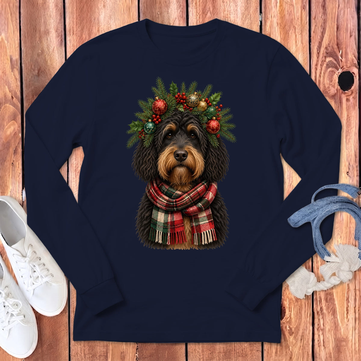 Phantom Goldendoodle Holiday Crown Long Sleeve T-Shirt in Navy / S by MyDesigns