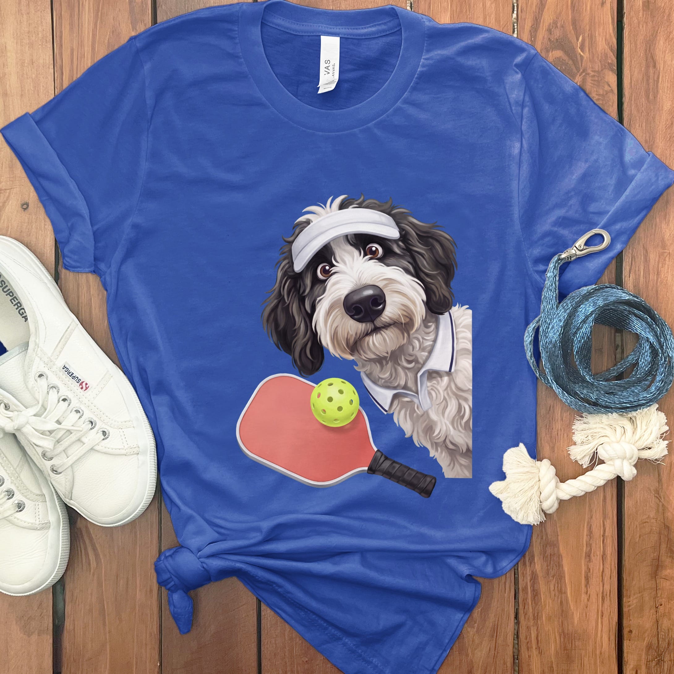 Sheepadoodle Pickleball Player T-Shirt in True Royal / S by Puppy Jo