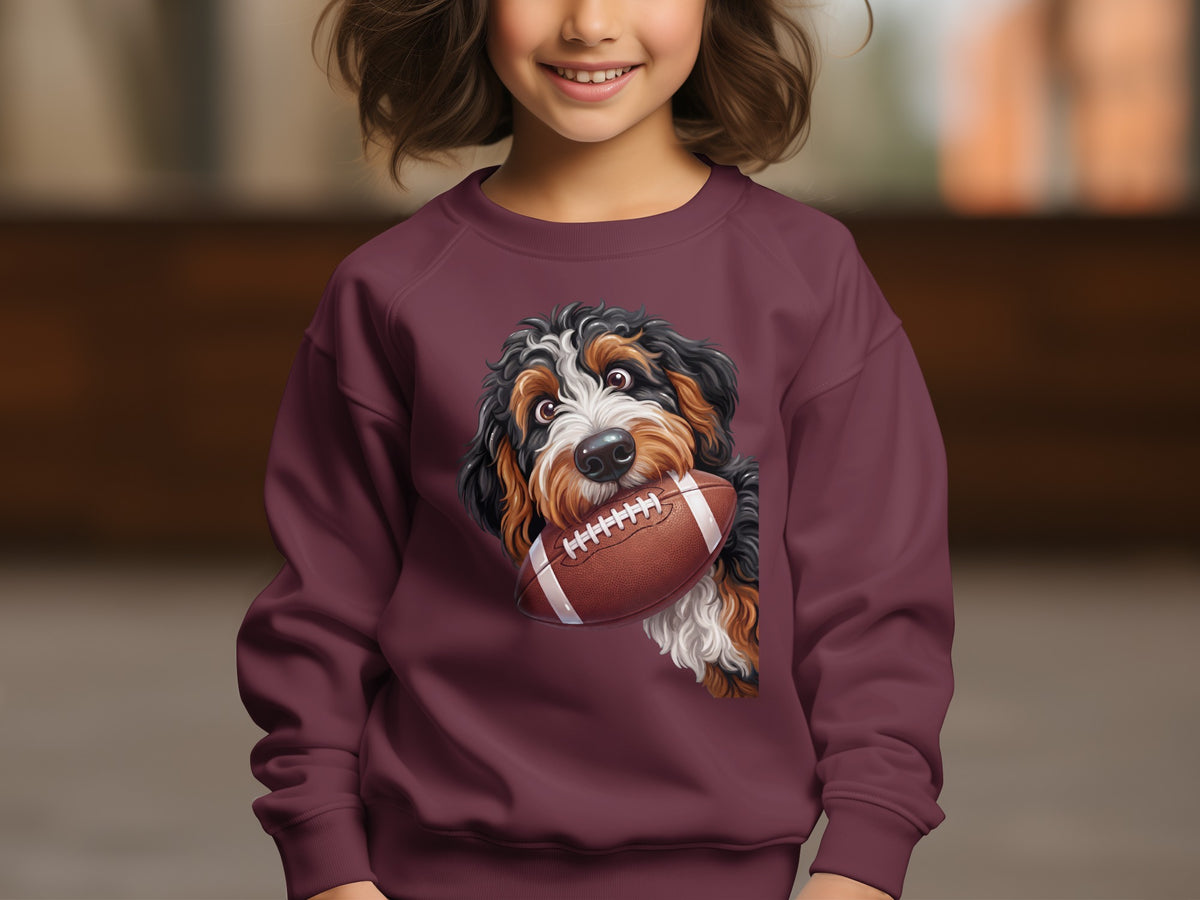Burgundy sweatshirt with a Bernese Mountain Dog holding a football graphic.