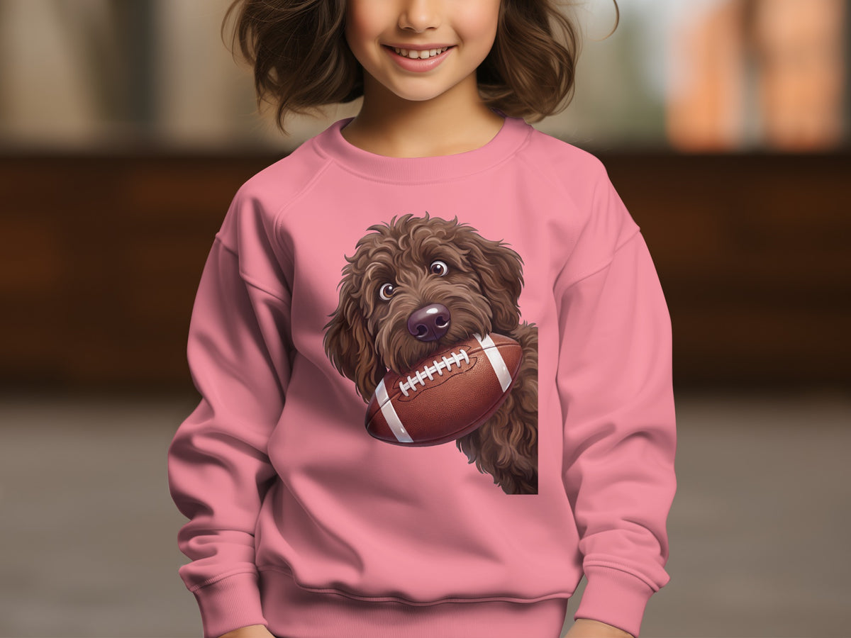 Pink sweatshirt featuring a brown doodle dog holding a football.