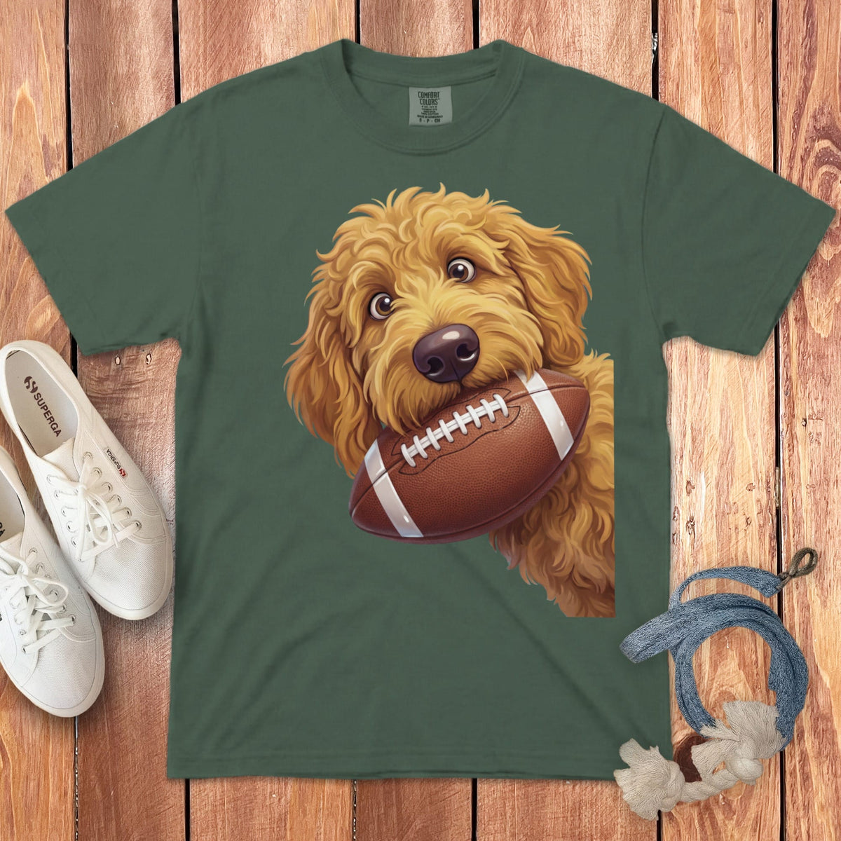 Apricot Goldendoodle Football Signature T-Shirt in Blue Spruce / S by Puppy Jo