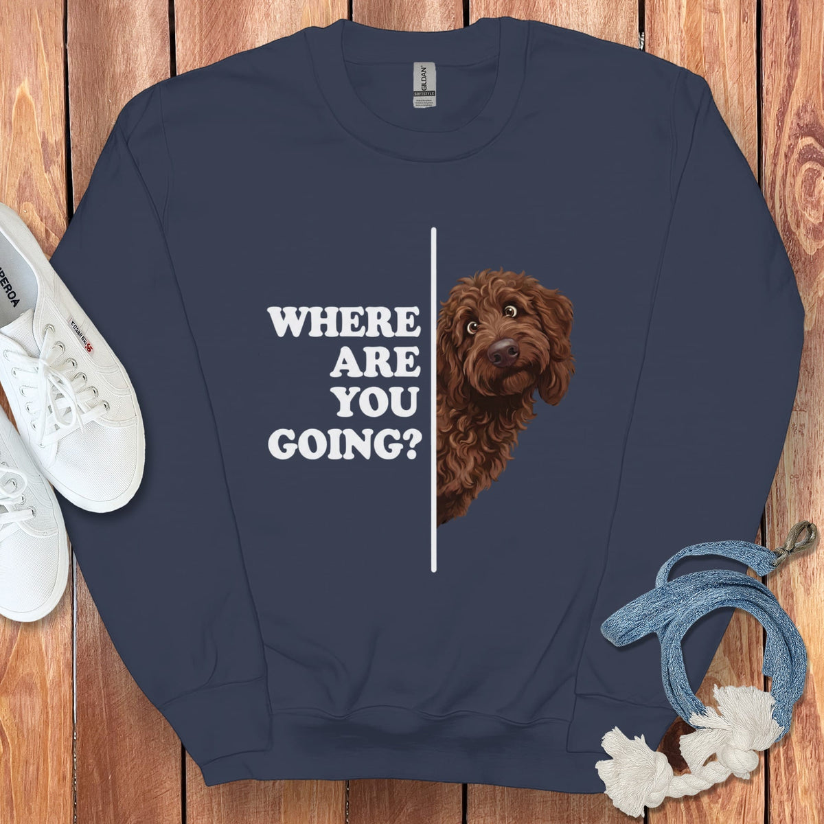 Where Going Chocolate Goldendoodle Sweatshirt in Navy / S by Puppy Jo
