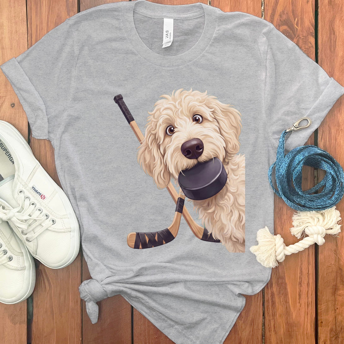 Cream Goldendoodle Hockey T-Shirt in Athletic Heather / S by Puppy Jo