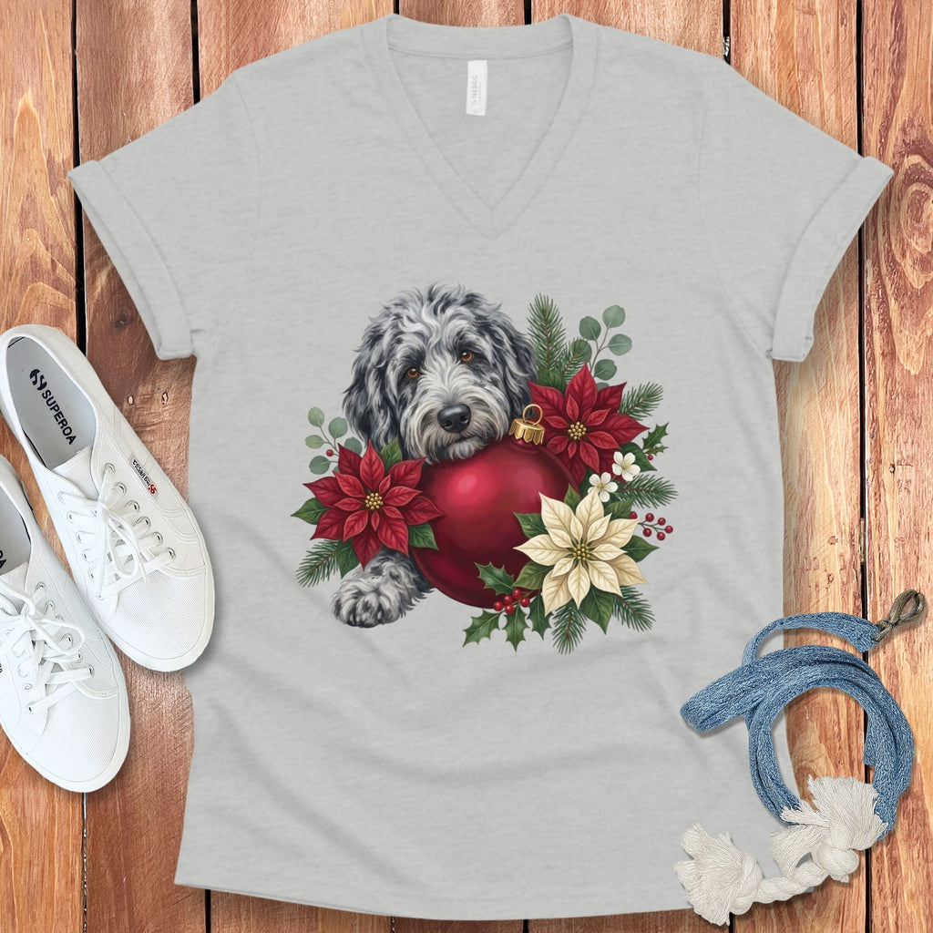 Merle Goldendoodle Holiday Cheer V-Neck T-Shirt in Athletic Heather / S by Puppy Jo