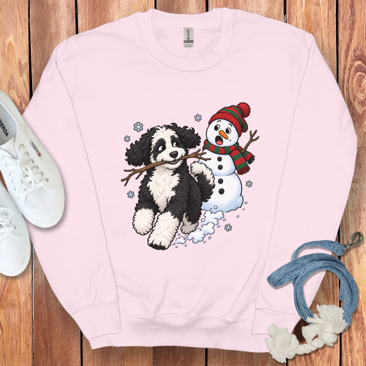 Sheepadoodle Snowman Sweatshirt in Light Pink / S by Puppy Jo