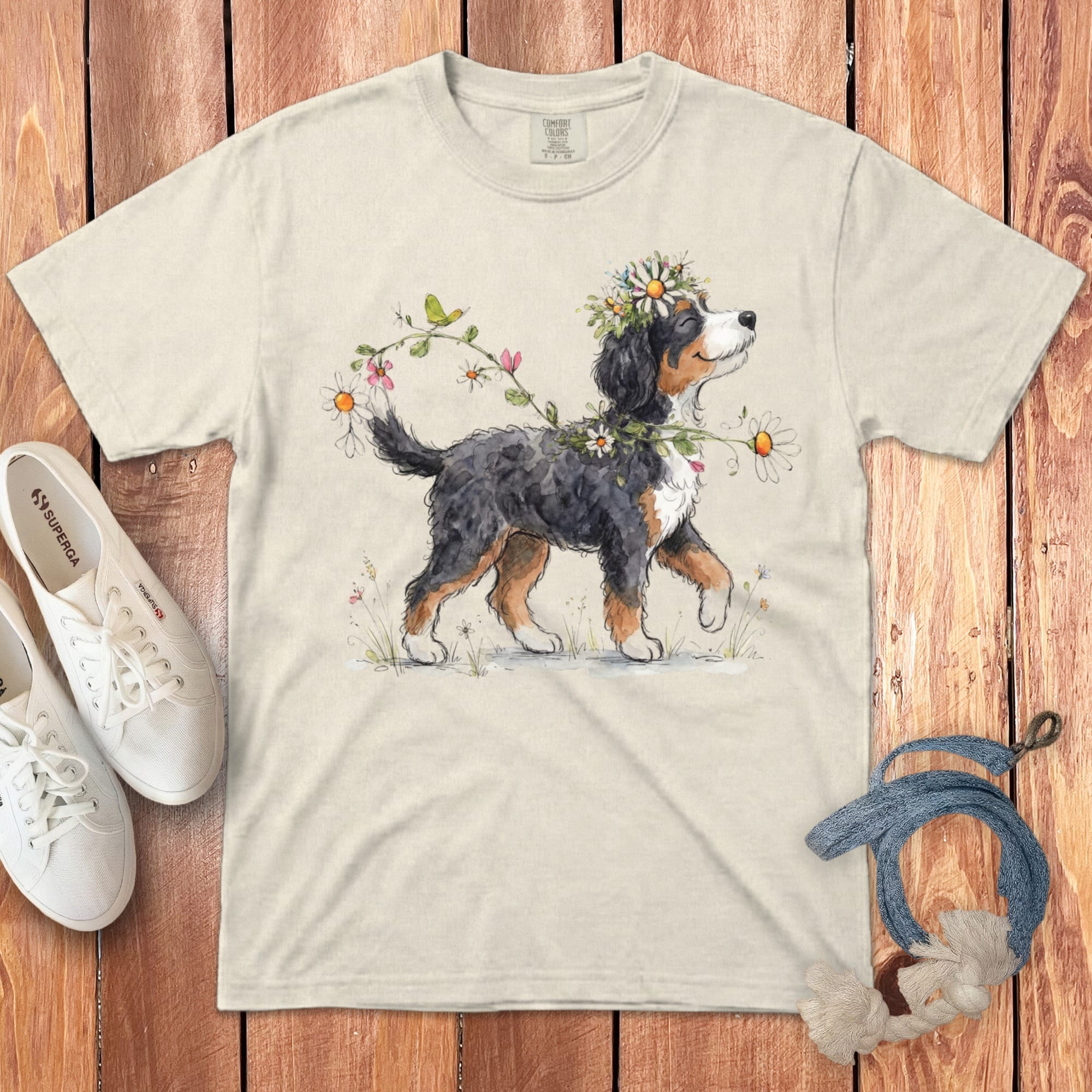 Bernese mountain dog wearing a floral crown, with a butterfly on a t-shirt.