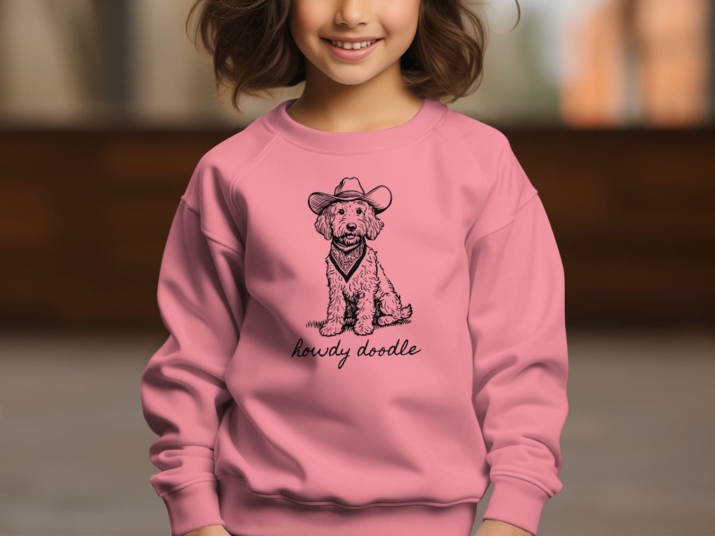 Country Howdy Doodle Youth Sweatshirt in Safety Pink / XS by Puppy Jo