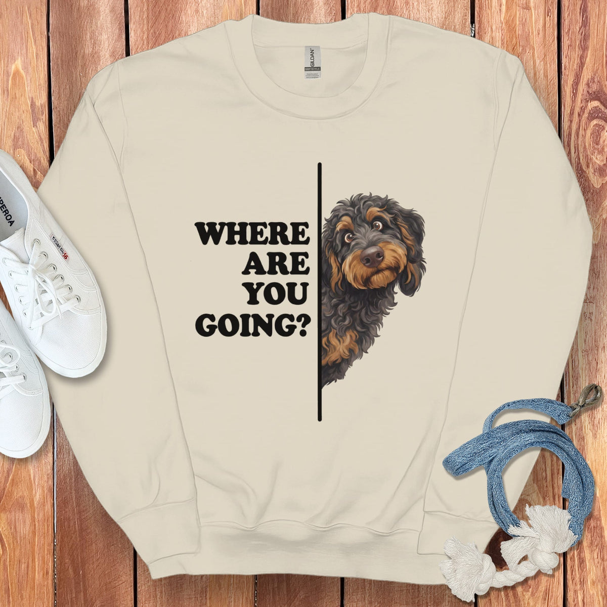 Where Going Phantom Goldendoodle Sweatshirt in Sand / S by Puppy Jo