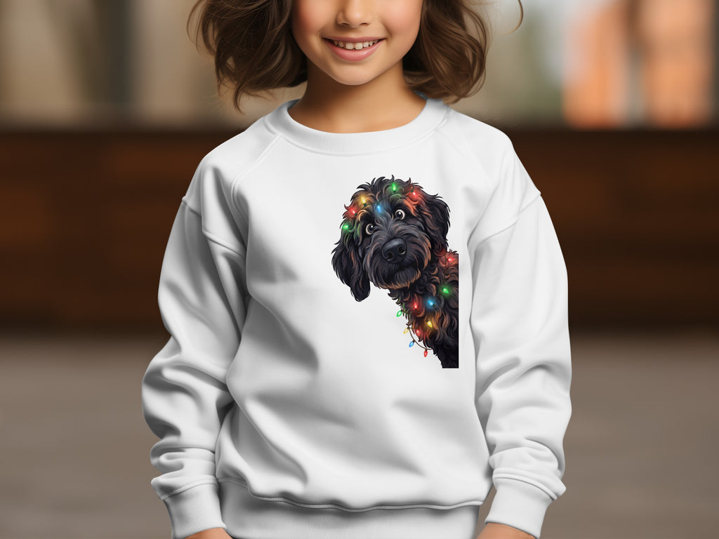 White sweatshirt with a black dog adorned with colorful Christmas lights.