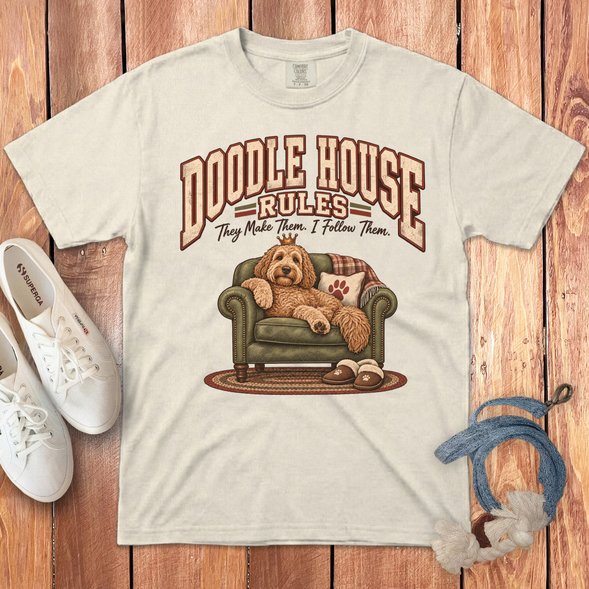 Cream t-shirt with "Doodle House Rules" graphic and a dog lounging in a chair.
