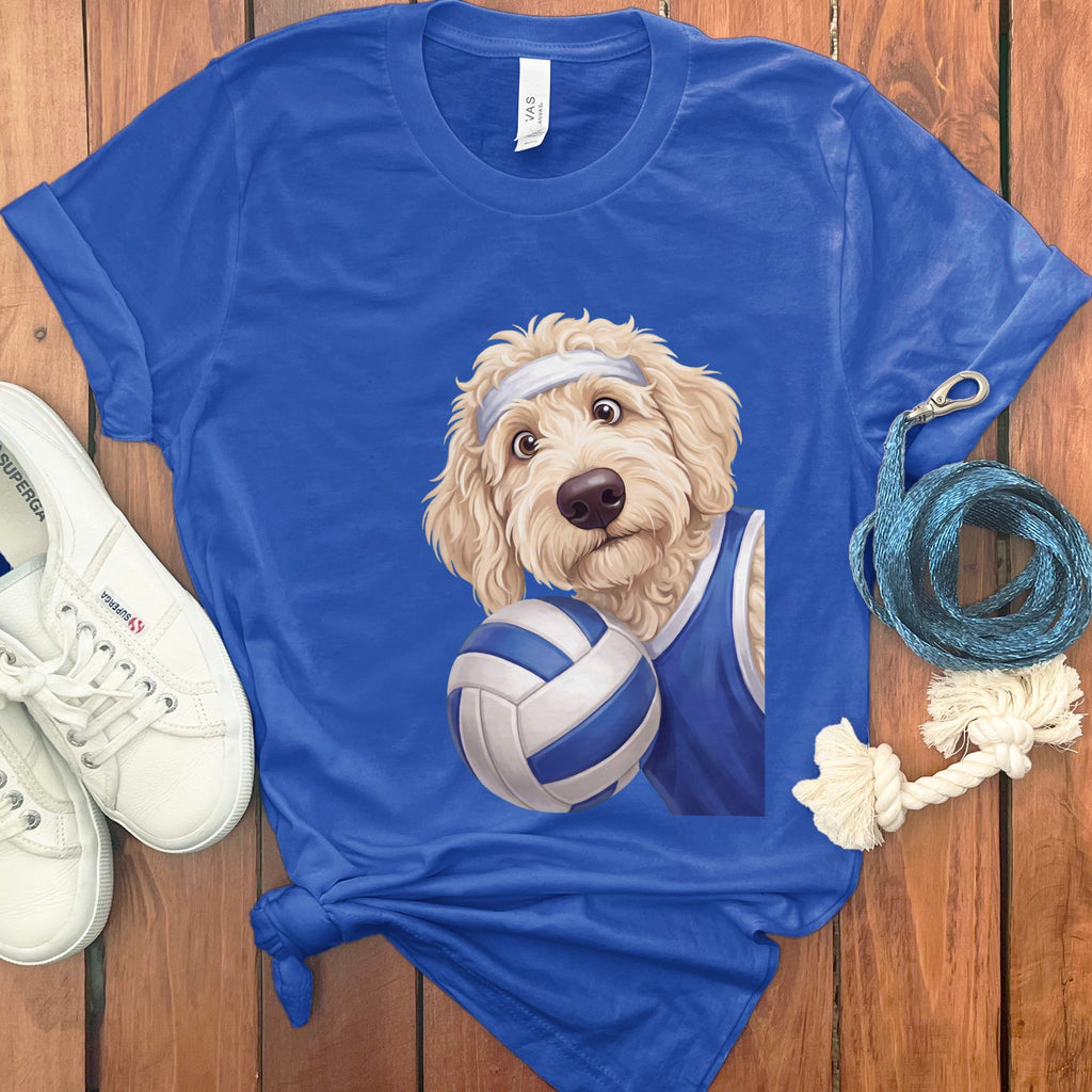 Cream Goldendoodle Volleyball Player T-Shirt in True Royal / S by Puppy Jo