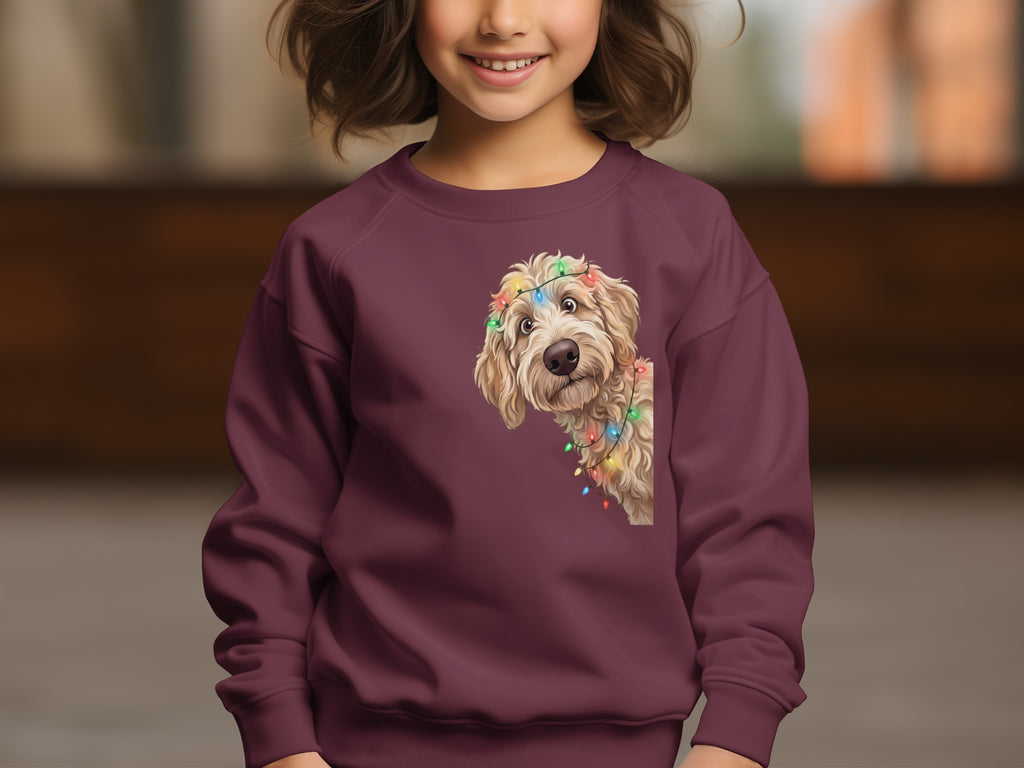 Maroon sweatshirt on a child featuring a fluffy dog peeking out, adorned with colorful Christmas lights.