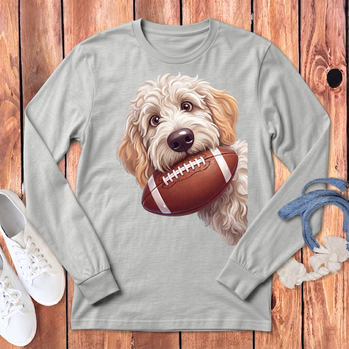 Light gray long-sleeve t-shirt featuring a fluffy golden retriever puppy holding a football in its mouth.