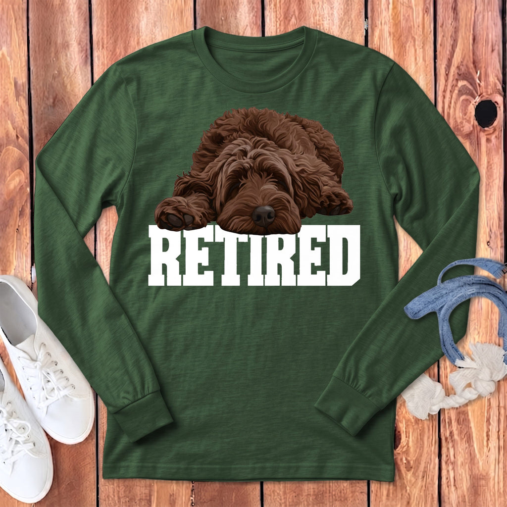 Retired Sleeping Chocolate Goldendoodle Long Sleeve T-Shirt in Heather Forest / S by Puppy Jo