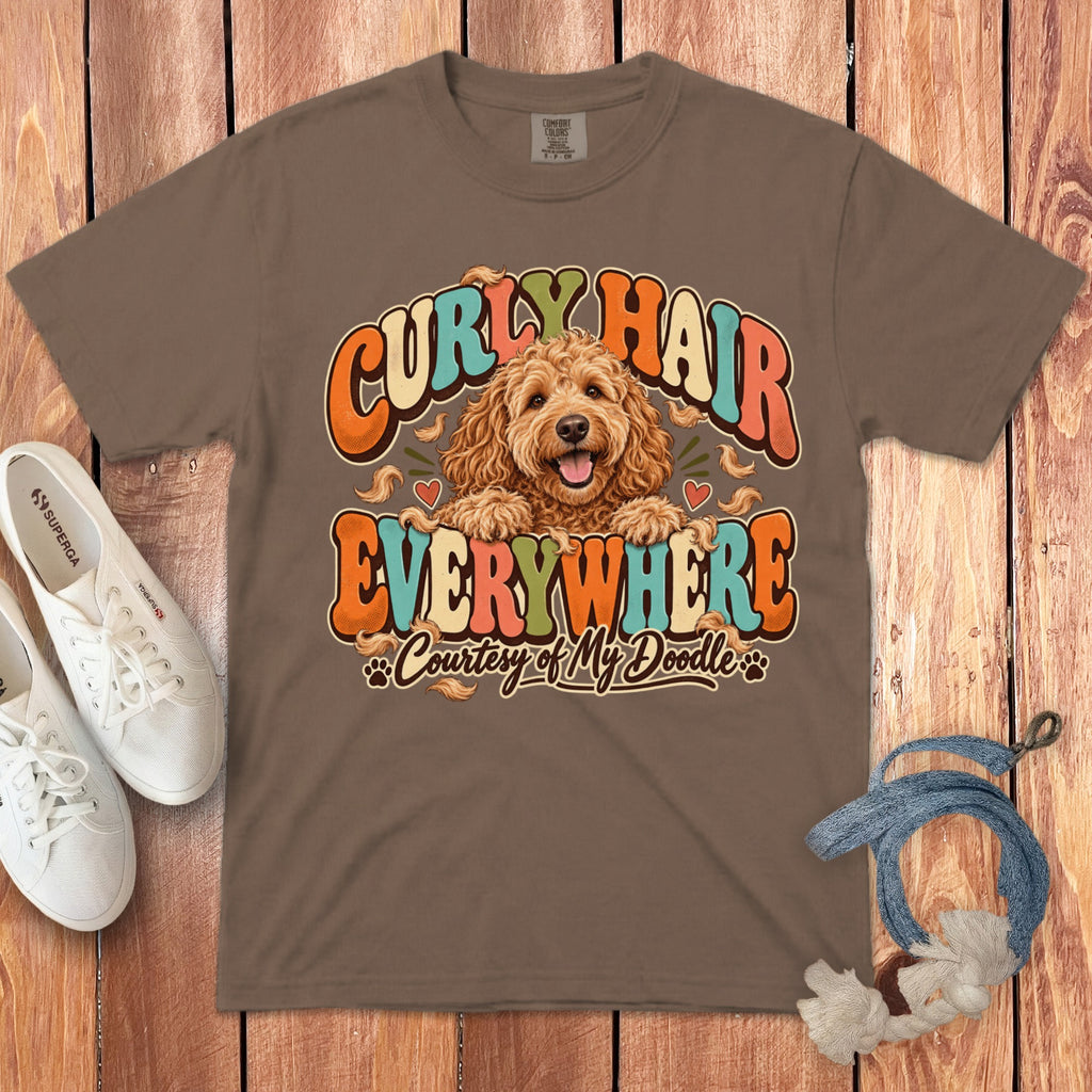 Brown t-shirt with "Curly Hair Everywhere" and a doodle dog graphic.