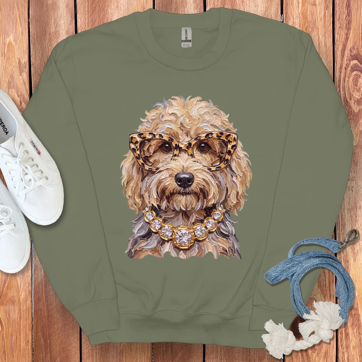 Cream Goldendoodle Glam Sweatshirt in Military Green / S by Puppy Jo
