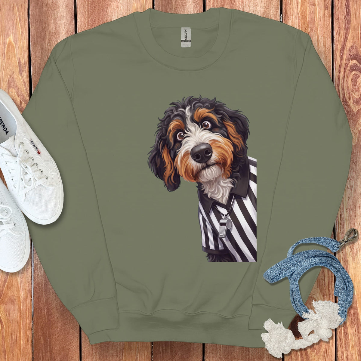Bernedoodle Football Referee Sweatshirt in Military Green / S by Puppy Jo