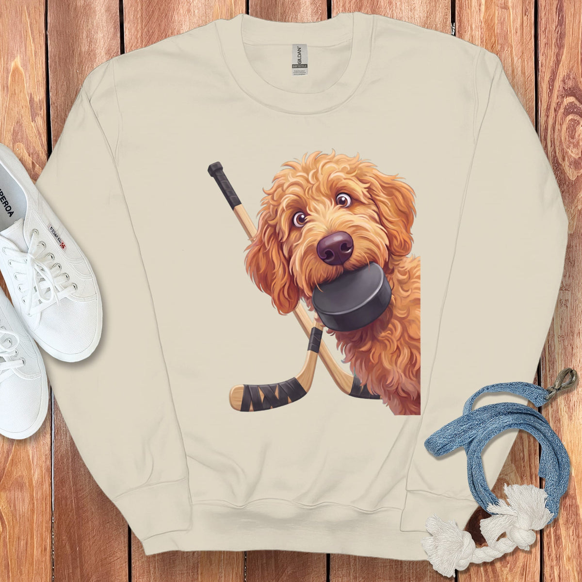 Apricot Goldendoodle Hockey Sweatshirt in Sand / S by Puppy Jo
