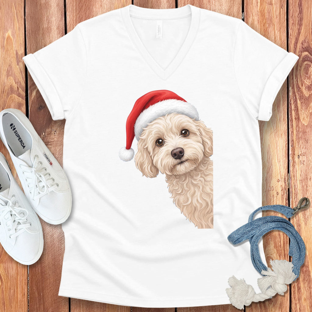 Maltipoo Holiday Santa V-Neck T-Shirt in White / S by Puppy Jo