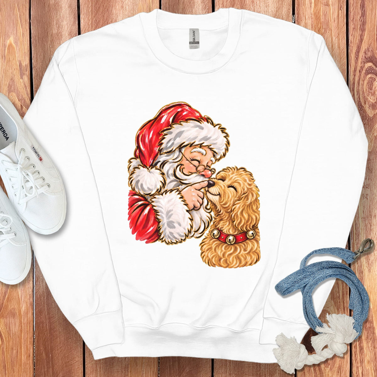 Golden Goldendoodle Santa Kiss Sweatshirt in White / S by Puppy Jo