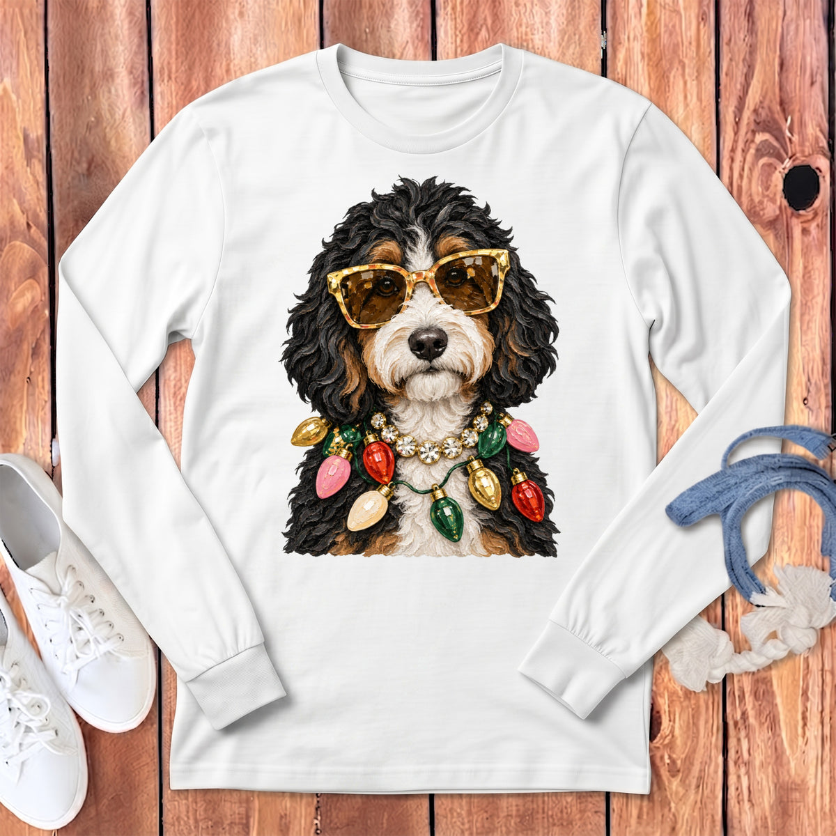 Bernedoodle dog wearing sunglasses and a string of Christmas lights necklace.