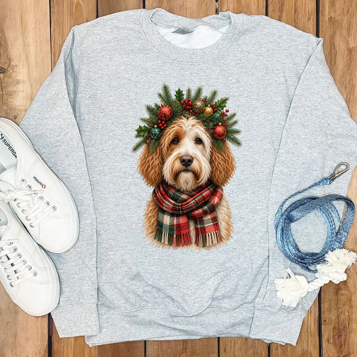 Parti Goldendoodle Holiday Crown Sweatshirt in Sport Grey / S by Puppy Jo